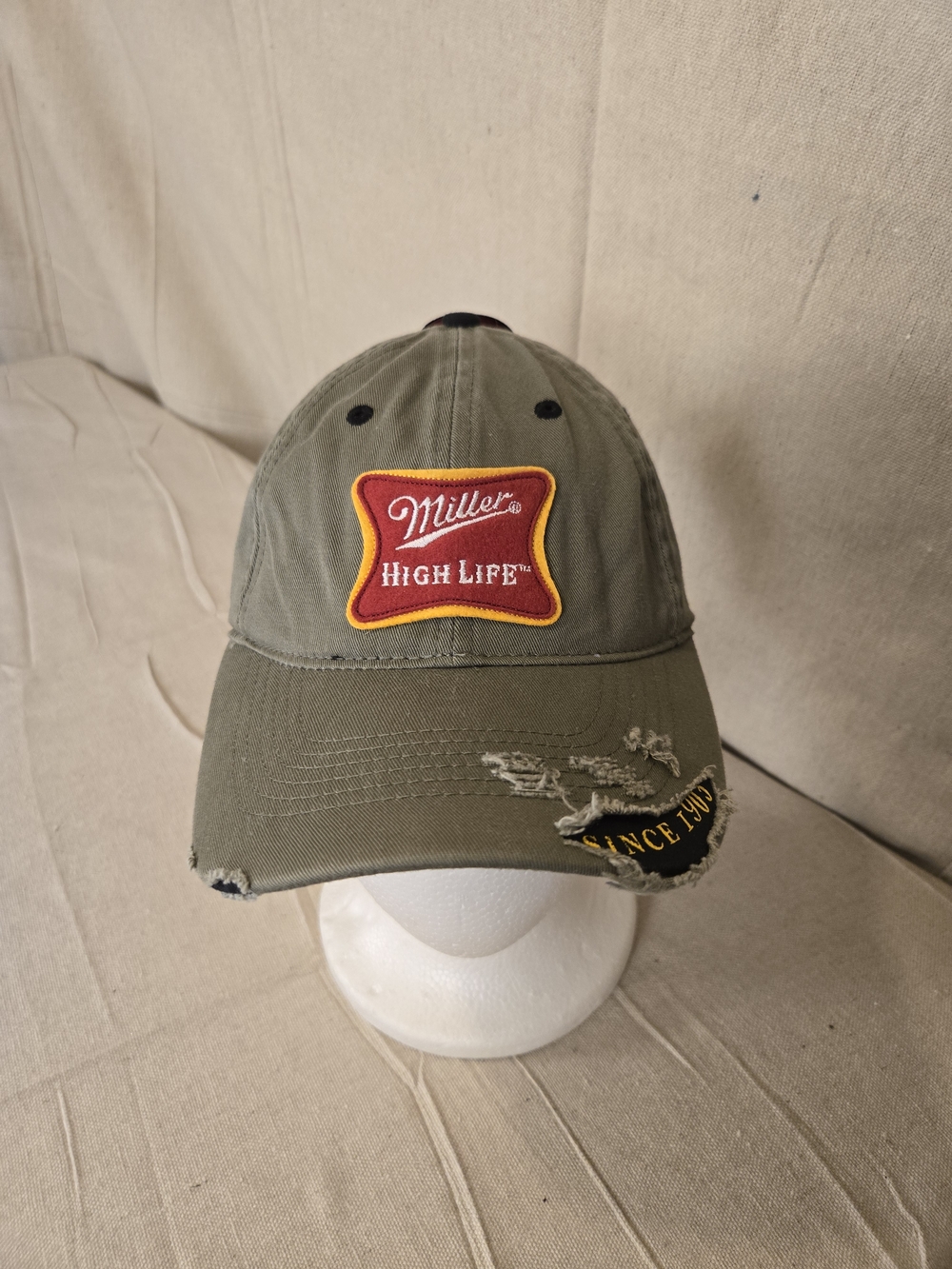 Miller High Life Baseball Cap Khaki Distressed Strapback Hat NEW
